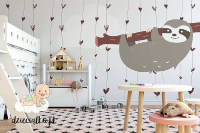 cute sloths hanging on the tree - children’s wall mural