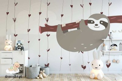 cute sloths hanging on the tree - children’s wall mural