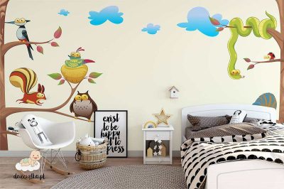 colorful animals on tree branches - children’s wall mural