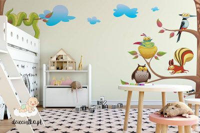 colorful animals on tree branches - children’s wall mural
