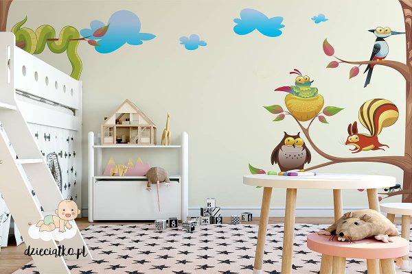 colorful animals on tree branches - children’s wall mural