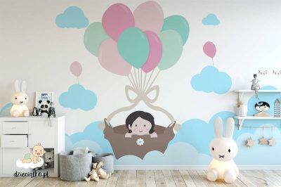 girl flying in a basket on the balloons - children’s wall mural