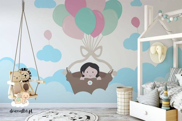 girl flying in a basket on the balloons - children’s wall mural