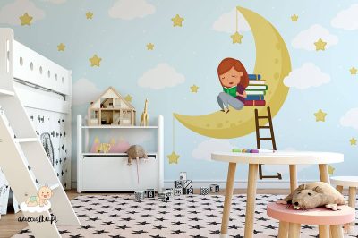 girl reads books on the yellow moon - children’s wall mural