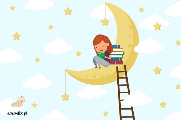 girl reads books on the yellow moon - children’s wall mural