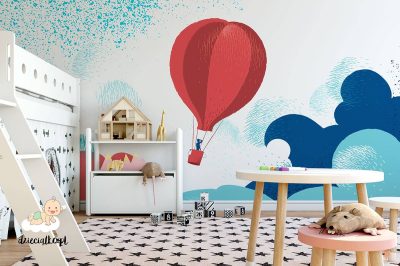 red balloon among colorful clouds - children’s wall mural