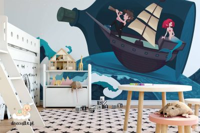 mermaid on the ship in a bottle - children’s wall mural