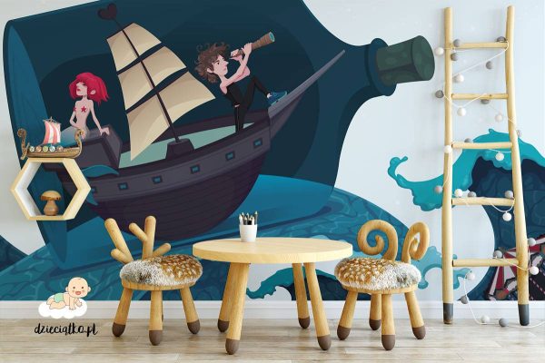 mermaid on the ship in a bottle - children’s wall mural