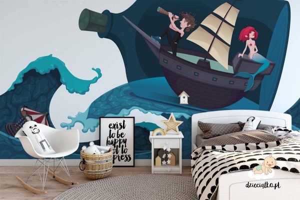 mermaid on the ship in a bottle - children’s wall mural