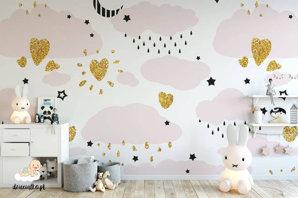 golden hearts among rainy clouds - children’s wall mural