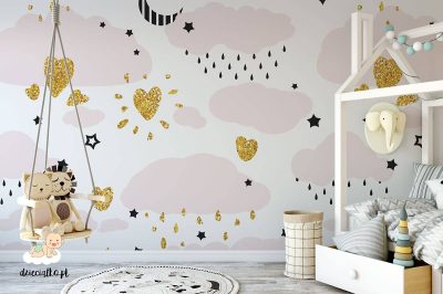 golden hearts among rainy clouds - children’s wall mural