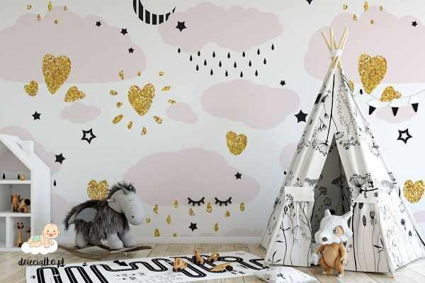 golden hearts among rainy clouds - children’s wall mural