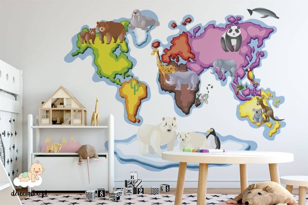 animals on a colored world map - children’s wall mural