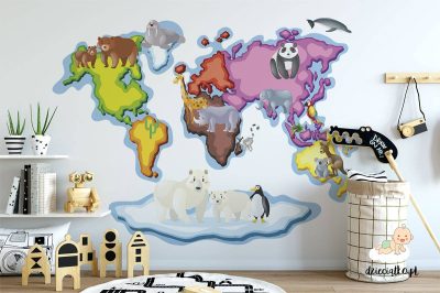 animals on a colored world map - children’s wall mural