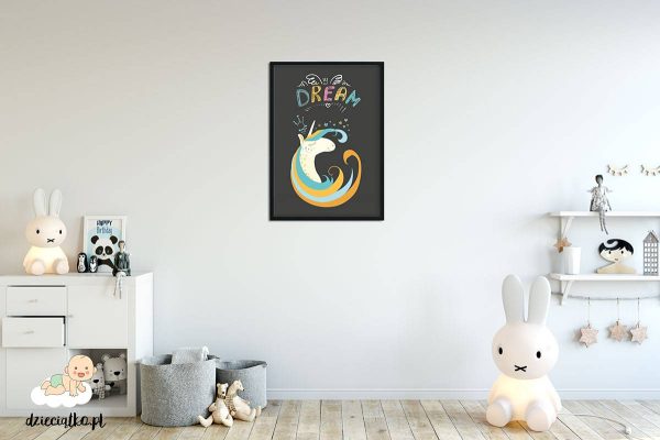 cute unicorn head with colorful mane and horn - poster for child’s room