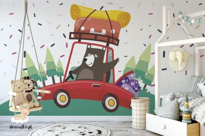 teddy bear is driving a car with luggage - children’s wall mural