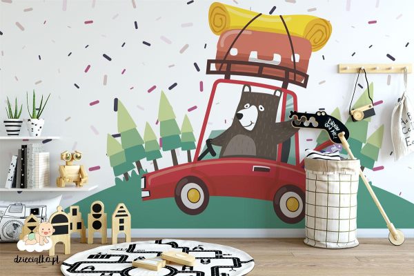 teddy bear is driving a car with luggage - children’s wall mural