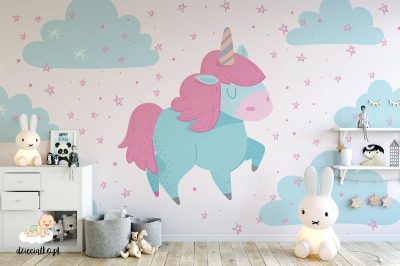 sweet colorful unicorn in the clouds - children’s wall mural