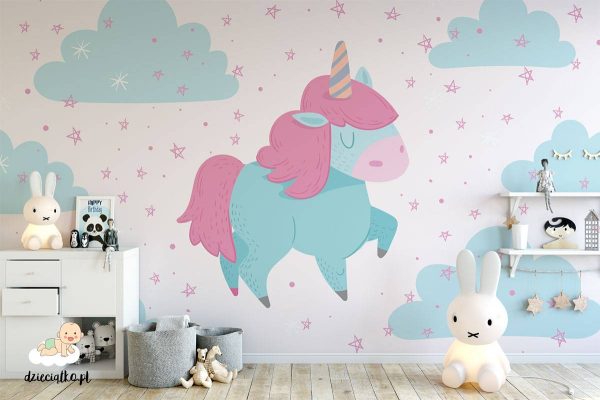 sweet colorful unicorn in the clouds - children’s wall mural