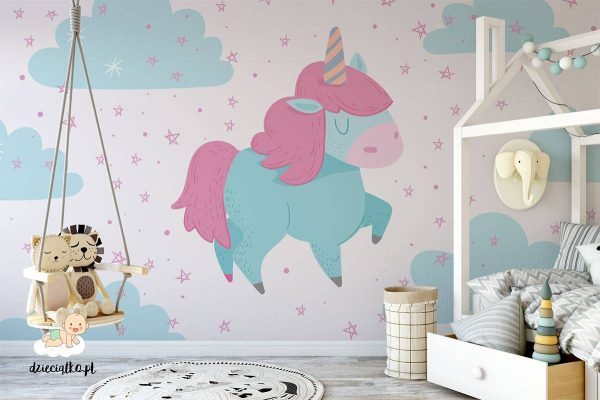 sweet colorful unicorn in the clouds - children’s wall mural