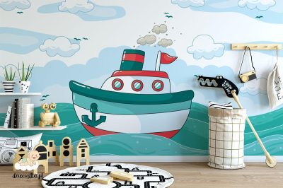 colorful steam boat among the waves - children’s wall mural