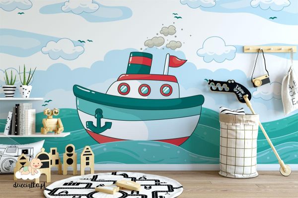 colorful steam boat among the waves - children’s wall mural