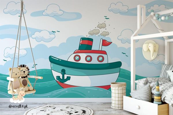 colorful steam boat among the waves - children’s wall mural