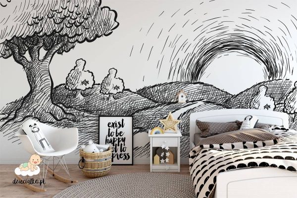 black and white nature at sunrise - children’s wall mural
