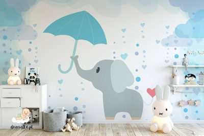 cute elephant with an umbrella in the rain - children’s wall mural