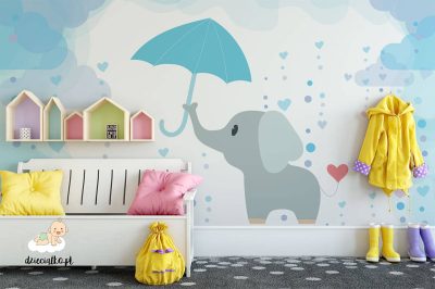 cute elephant with an umbrella in the rain - children’s wall mural