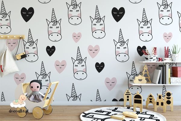 cute unicorn heads between pink and black hearts - children’s wall mural