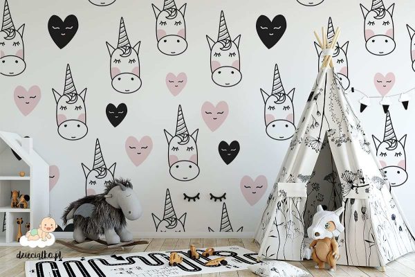 cute unicorn heads between pink and black hearts - children’s wall mural