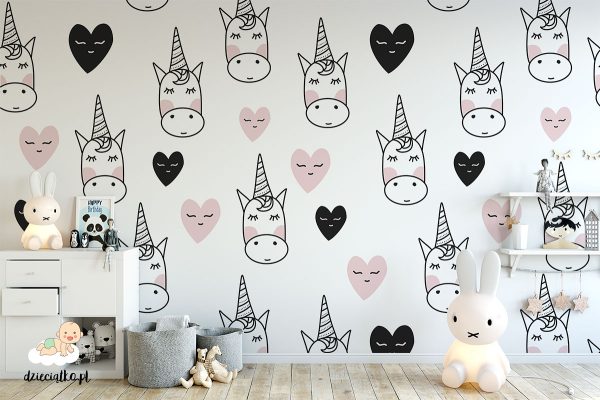 cute unicorn heads between pink and black hearts - children’s wall mural