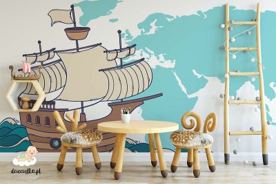 sailing vessel with world map in the background - children’s wall mural