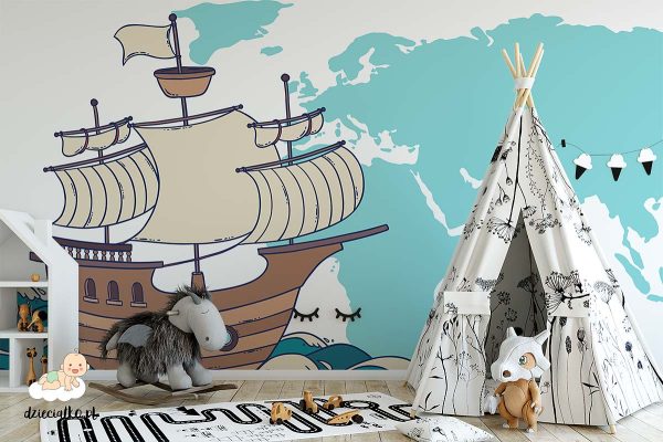 sailing vessel with world map in the background - children’s wall mural