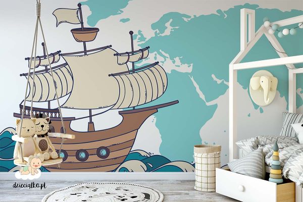 sailing vessel with world map in the background - children’s wall mural