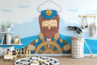 sailor at the helm with the waves in the background - children’s wall mural