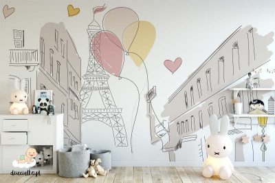 alley in paris with eiffel tower and colorful balloons - children’s wall mural