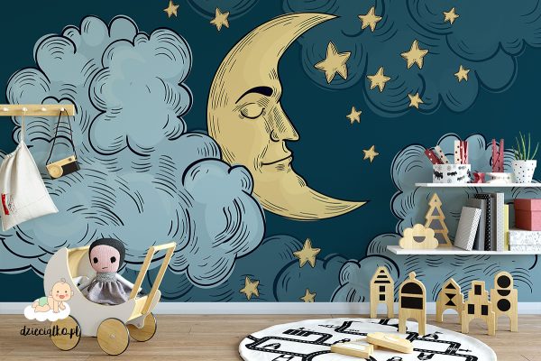 the moon among the clouds and stars - children’s wall mural