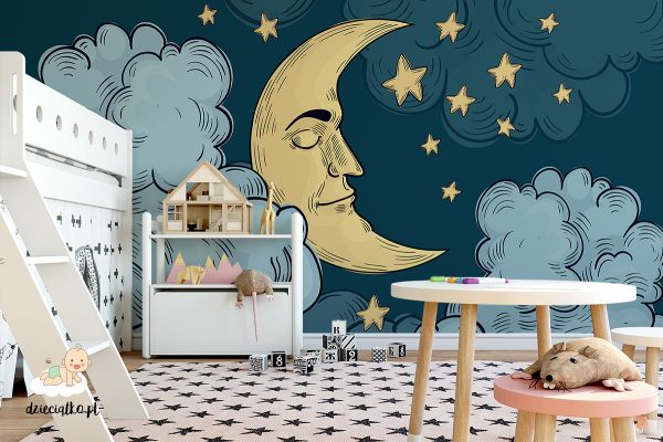 the moon among the clouds and stars - children’s wall mural