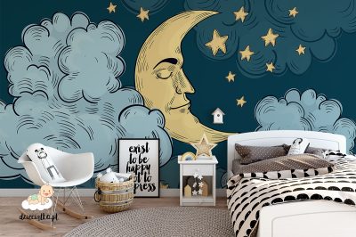 the moon among the clouds and stars - children’s wall mural