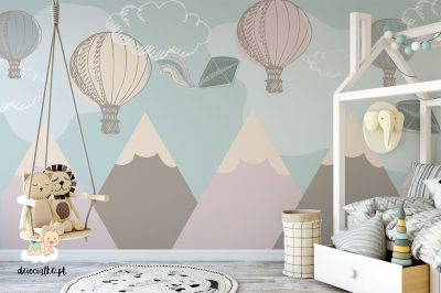 colorful balloons and kites among the clouds over the mountains - children’s wall mural