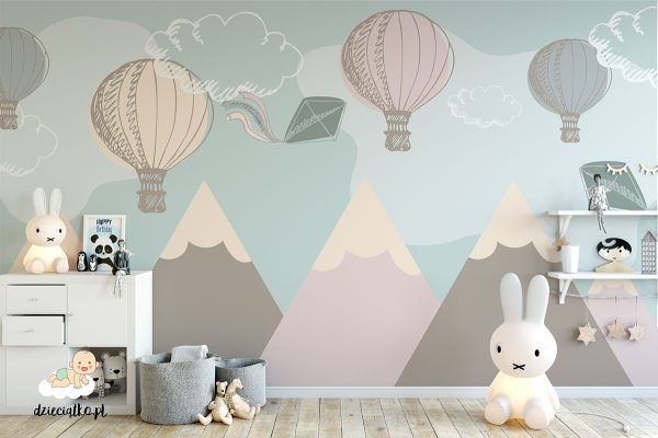 colorful balloons and kites among the clouds over the mountains - children’s wall mural