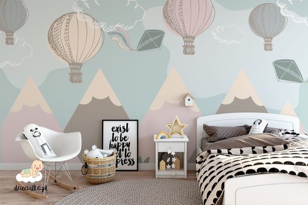 colorful balloons and kites among the clouds over the mountains - children’s wall mural