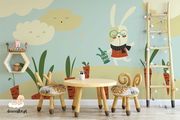 rabbit with watering can on carrot field - children’s wall mural