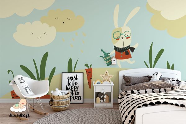 rabbit with watering can on carrot field - children’s wall mural