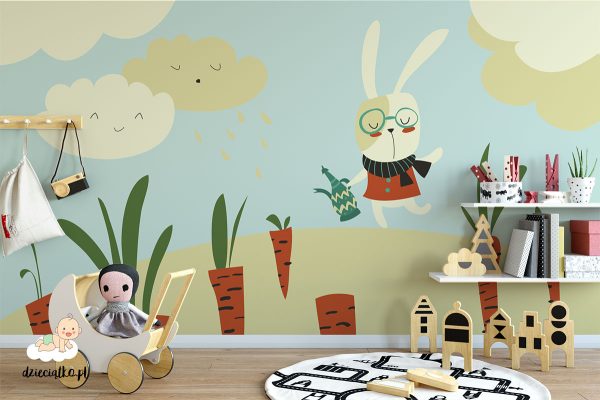 rabbit with watering can on carrot field - children’s wall mural