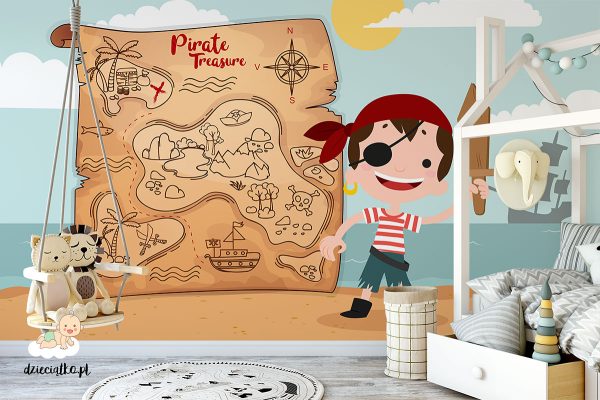 little pirate in front of a treasure map - children’s wall mural