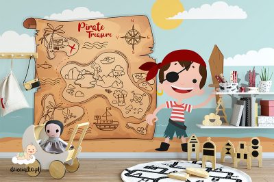 little pirate in front of a treasure map - children’s wall mural