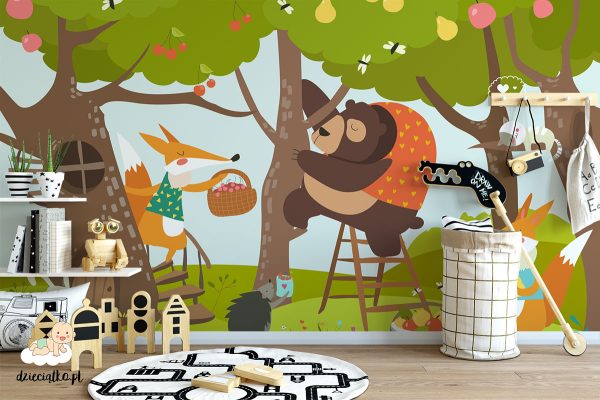 animals pick fruit from trees - children’s wall mural